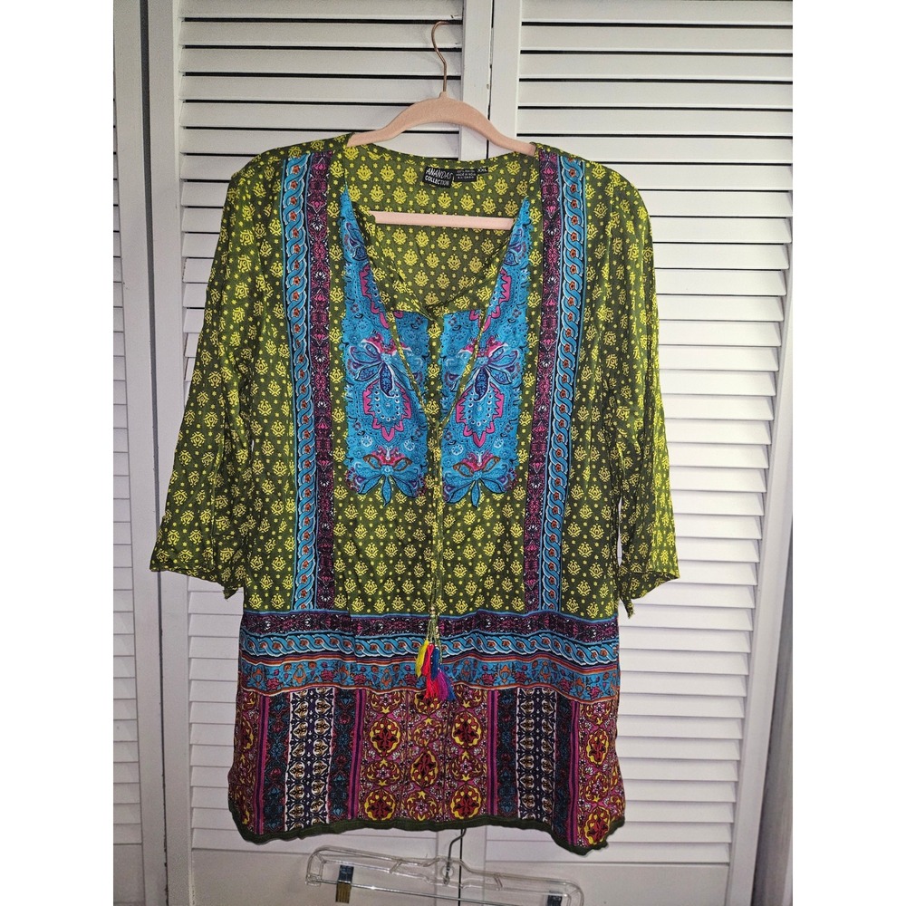 Anandas Collection Womens XXL Green Paisley Boho Tunic Top Tassel 3/4 Sleeve